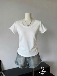New Spring/Summer White Cropped Short Sleeve T-Shirt, Drawstring Design, Flattering, Stylish & Chic - White - View 5