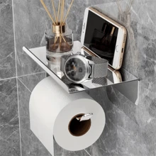 1pc Stainless Steel Toilet Paper Holder With Shelf & Phone Stand - Wall Mounted Space Saving Bathroom Organizer For Tissue And Accessories - A - View 4