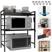 Expandable Microwave Shelf - 2/3Tier Oven Stand Countertop With 6 Hook, Microwave Stand Kitchen Organiser Storage, Height Width Adjustable Pantry Rack, Single Layer Counter Shelf - Black - View 1
