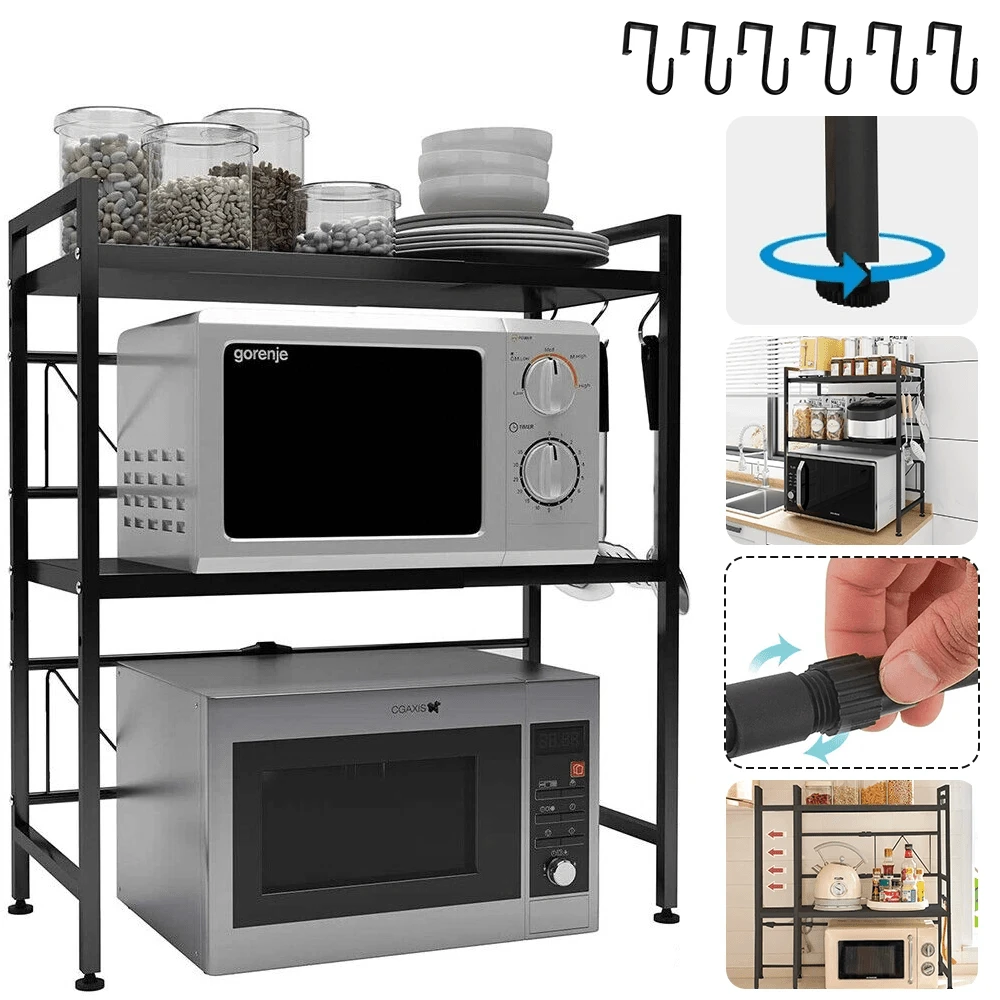 Expandable Microwave Shelf - 2/3Tier Oven Stand Countertop With 6 Hook, Microwave Stand Kitchen Organiser Storage, Height Width Adjustable Pantry Rack, Single Layer Counter Shelf - Black - View 1