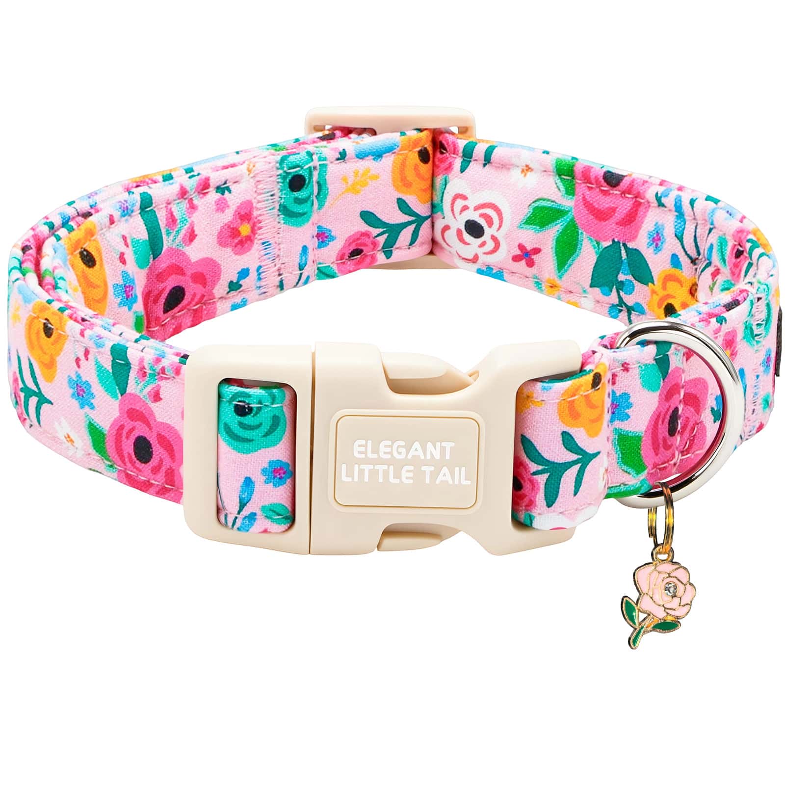 Elegant Little Tail Dog Collar Pink Flower Print Spring Soft Puppy Collars Adorable Female Pet Gift Lightweight Plastic Adjustable Dog Collar For Dogs - Pink - View 1