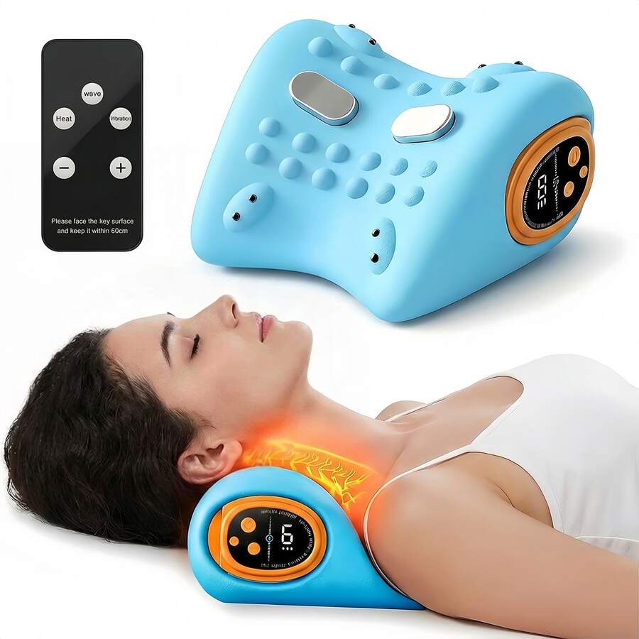 Heated Neck Massager Pillow With Remote Control – Cervical Neck & Shoulder Massage Cushion, 3 Modes & 3 Heat Levels, Ergonomic Neck Support Relaxation Pillow, Portable For Home Office Travel - Blue - View 1