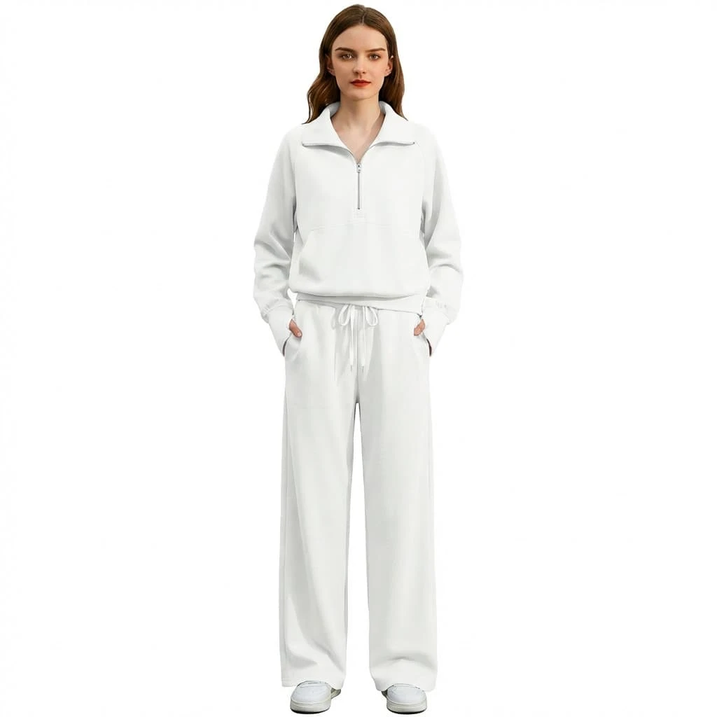 Women's 2 Piece Tracksuit Set - Half Zip Hoodie & Wide Leg Pants Loungewear With Pockets,Cozy 2 Piece Lounge Set - Sweatshirt & High Waisted Joggers For Home & Gym - 白色 - 查看 1