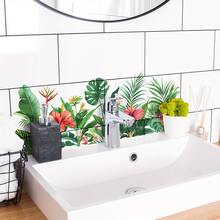 1 pieza Pegatina autoadhesiva con patrón tropical de flores y hojas, calcomanía de arte de pared de azulejos botánicos para baño - hojas verdes - Ver 3