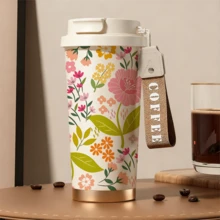 1pc/18oz Floral Insulated Coffee Mug With Handle, 24hrs Ice/12hrs Hot Leak-Proof Thermal Tumbler, Cream Color Travel Cup Suitable For Office, Commute And Outdoor Picnic, Great Gift For Women, Ladies And Students - Multicolor - View 5