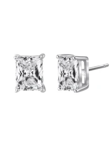S925纯银长方形5A级立方氧化锆几何耳钉，小巧精致，优雅百搭，适合日常、派对、旅行等各种场合，配有精美礼盒 - 白金 - 查看 5