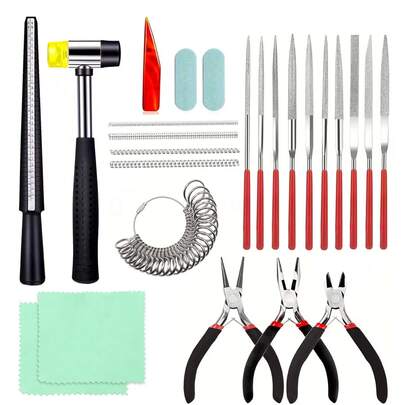 Multifunktionales DIY Schmuckwerkzeug-Set, Präzisions-Diamant-Nagelfeile, Gummihammer, Schmuckzangen, Ringgröße-Messgerät, Schmuckreinigung, Schmuckherstellung und Designzubehör