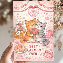 1pc Mother'S Day Greeting Card | Cartoon Cats Hugging With Bouquet, "Best Cat Mom Ever" | Invitation Pocket, Paper Material - Multicolor - View 5