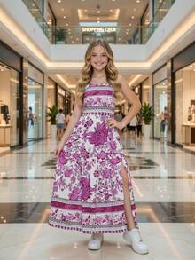 -Inspired Long Dress For Girls/Teens With Side Slit And Exclusive Boho Print | Open Back And Adjustable Tie | Flowing Skirt With A Light Drape And Elegant Movement | Ideal For Pre-Teen And Teen Girls Seeking Comfort And Style In A Single Piece | Perfect For Birthday Gifts, Children's Day, And Special Occasions | Long Printed Dress For Outings, Everyday Wear, Events, Parties, Weddings, And Graduations | Lightweight, Cool, And Comfortable Fabric | Design With A Defined Waist And Modern Slit That Enhances The Look | Available In Pink, Royal Blue, Brown, And Green | Sizes 10 To 16 | Versatile Piece For Casual Looks And Special Occasions With A Secure Fit And Excellent Finish - 玫紅色 - 查看 3