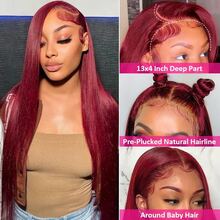 200% Density Straight Wigs 13x4 HD Ear To Ear Deep Parting Lace Frontal Wig For Women Burgundy Short Bob Hair Heat Resistant Synthetic Mixed Human Blended Hair Wig With Baby Hair Wine Red Colored 99j Pre Plucked Realistic Hairline Pre Bleached Invisible Knots - SBUG - View 9