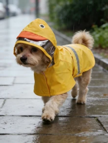 带帽防水狗狗雨衣，配有透明帽檐和反光条，可爱鸭子、青蛙、鲨鱼图案，适合户外散步和雨天穿着。 - 彩色 - 查看 2