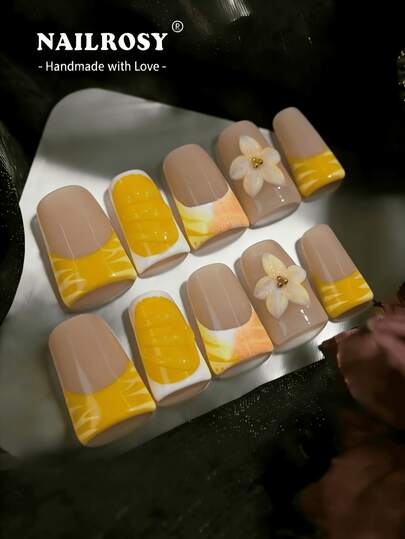 nailrosy 10pcs Multicolor Handmade Dopamine Press On Nails -3D Y2K Duck Bill Style, Reusable Fake Nails,Rhinestones | Bling Colorful French Tips Handmade Press On Nails