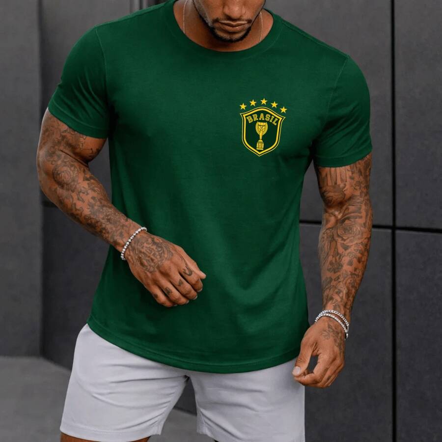 Men's Printed T-Shirt Brazil World Cup 100% Brazilian Cotton Shirt Blouse Emblem - 軍綠色 - 查看 1
