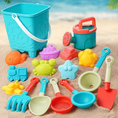 14/16Pcs Kids Beach Toy Set – Durable Plastic Sand & Water Play Kit With Beach Bucket, Watering Can (Red Handle/Top), Digging Tools (Shovels/Rakes/Sieves/Bowls) & Molds (Fish/Boat/Car/Crab/Turtle/Star/Train/Seahorse), Random Colors & Styles, Ideal Summer/Birthday Gift For Girls & Boys, Beach Pool Sand Digging & Water Fun