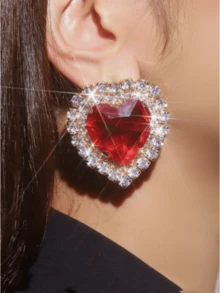 1 Đôi bông tai hình học phóng đại sang trọng, đính đá Zirconia và pha lê tổng hợp, kiểu dáng thời trang, đính pha lê giả màu trắng, xanh lá cây, đỏ, bông tai dáng dài sang trọng, cá tính dành cho váy dự tiệc. - JXER185-Bông tai trái tim lớn - Xem 4