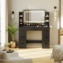 Vanity Desk With Lights, Large LED Mirror With 3 Color Modes, Makeup Vanity With Power Outlet & USB Ports, 7 Drawers - 黑色 - 查看 8