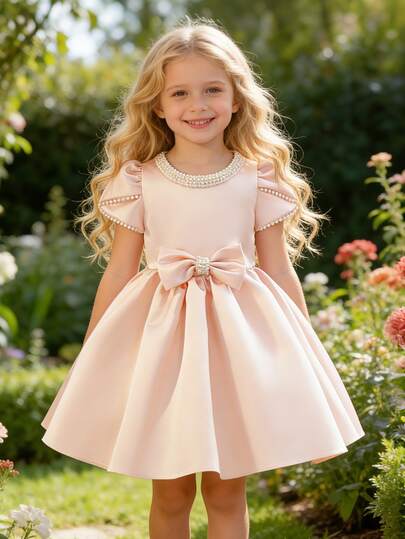 Girls' Princess Dress, High-End Elegant Pearl Decorated Girls' Flower Girl Wedding Party Dress, Baby Girls' Champagne Satin Knee-Length Birthday Evening Gown