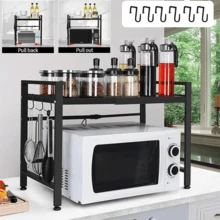 Expandable Microwave Shelf - 2/3Tier Oven Stand Countertop With 6 Hook, Microwave Stand Kitchen Organiser Storage, Height Width Adjustable Pantry Rack, Single Layer Counter Shelf - Black - View 2