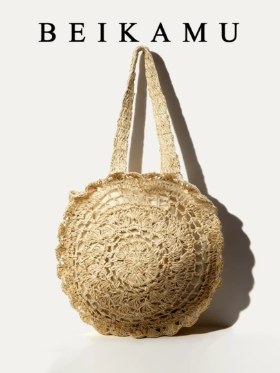 New Beige Woven Round Straw Bag, Hollow Floral Pattern Shoulder Tote, Casual Beach Vacation Boho Style Handbag For Women