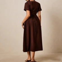 女款優雅綁腰鈕扣開襟長洋裝，休閒通勤穿搭，夏季棕色 - 棕色 - 查看 4
