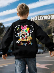 Cute Boy's Clothing, Featuring A Double-Sided Printed Design Of Cartoon Characters From Disneyland, And A Stylish Round Neck Sweatshirt. Comfortable And Loose, Elastic And Breathable, Machine Washable. Versatile Top, Suitable For - 黑色 - 查看 1