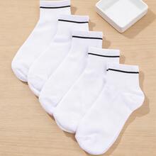 5 Pairs White With Black Stripes Men's Ankle Socks, Comfortable Breathable Skin-Friendly - White - View 6