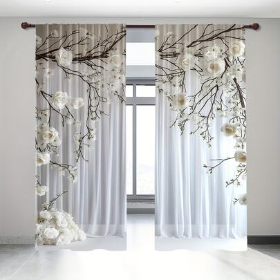 2PCS Floral Printed Polyester Curtains,Pole Pocket Design To Protect Privacy, Suitable For Multifunctional Curtains In Bedrooms, Offices, Kitchens, Living Rooms, And Study Rooms - Home Decoration Without Curtain Poles