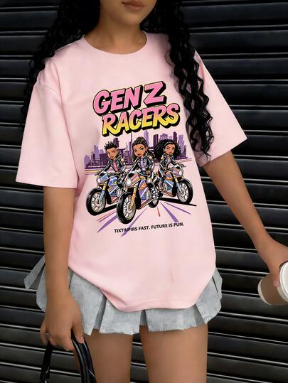 1pc Gen Z Racers Letter & Cartoon Motorcycle Girl Print T-Shirt, European And American Street Style Y2K Cool, Pink Round Neck Short Sleeve Top, Summer Casual Back To School