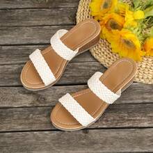 Sandal đế xuồng dệt trang trí màu be dành cho nữ năm 2026, kiểu dáng nghỉ mát mùa hè, quai ngang, hở mũi, đế dày, thích hợp cho hẹn hò, mua sắm, đi làm, đi biển. - Màu be - Xem 4