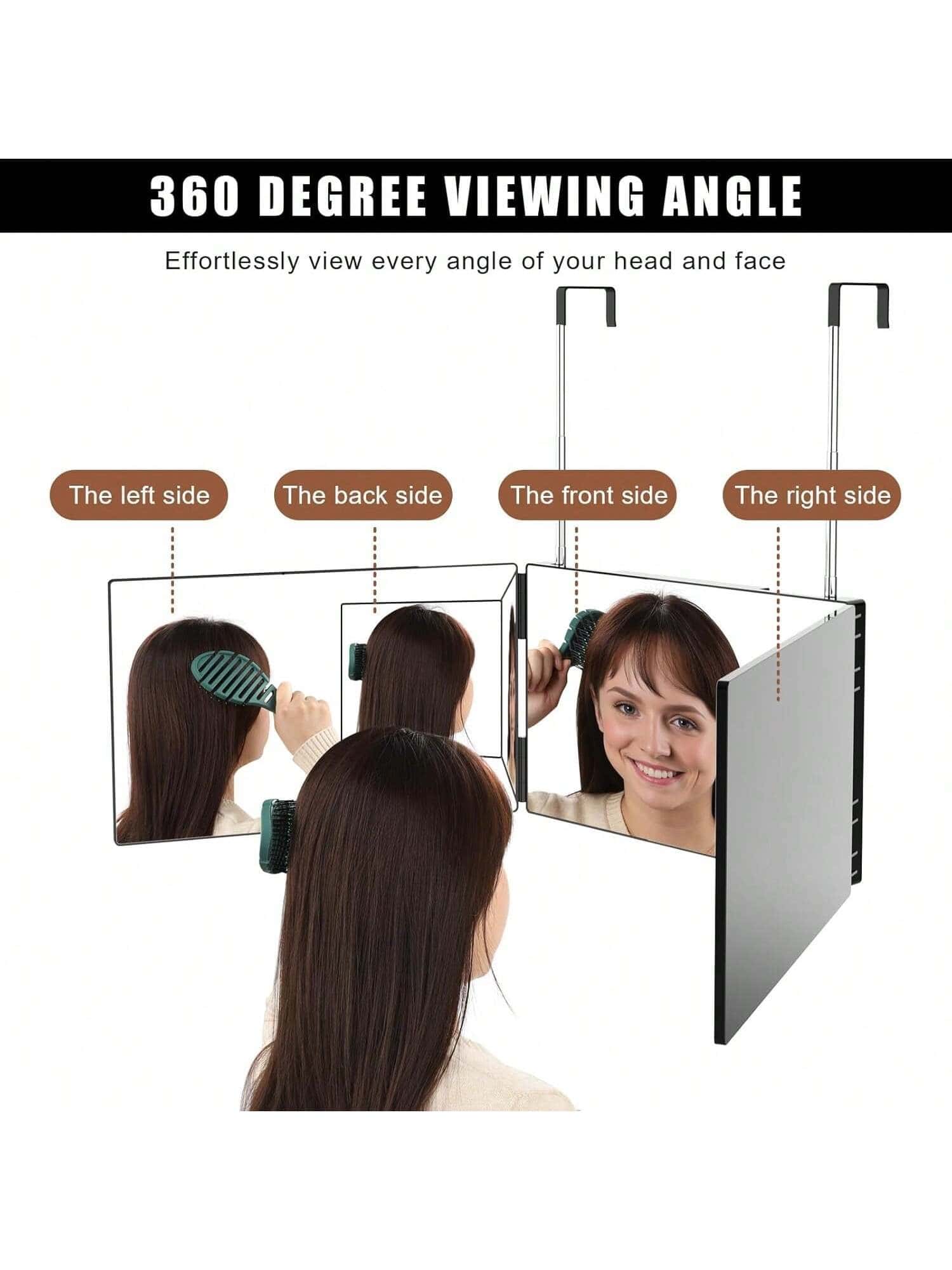 3 Way Mirror For Hair Cutting, Three Way Mirror For Shaver And Makeup, Height Adjustable With Two Hold Nails, 360 Viewing Angle, Clear Anti-Fog HD Glass(Black) - Black - View 1