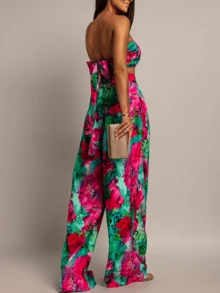 Women's Tropical Floral Print Strapless 2 Piece Outfit Crop Top & Wide Leg Pants - Hot Pink - View 5