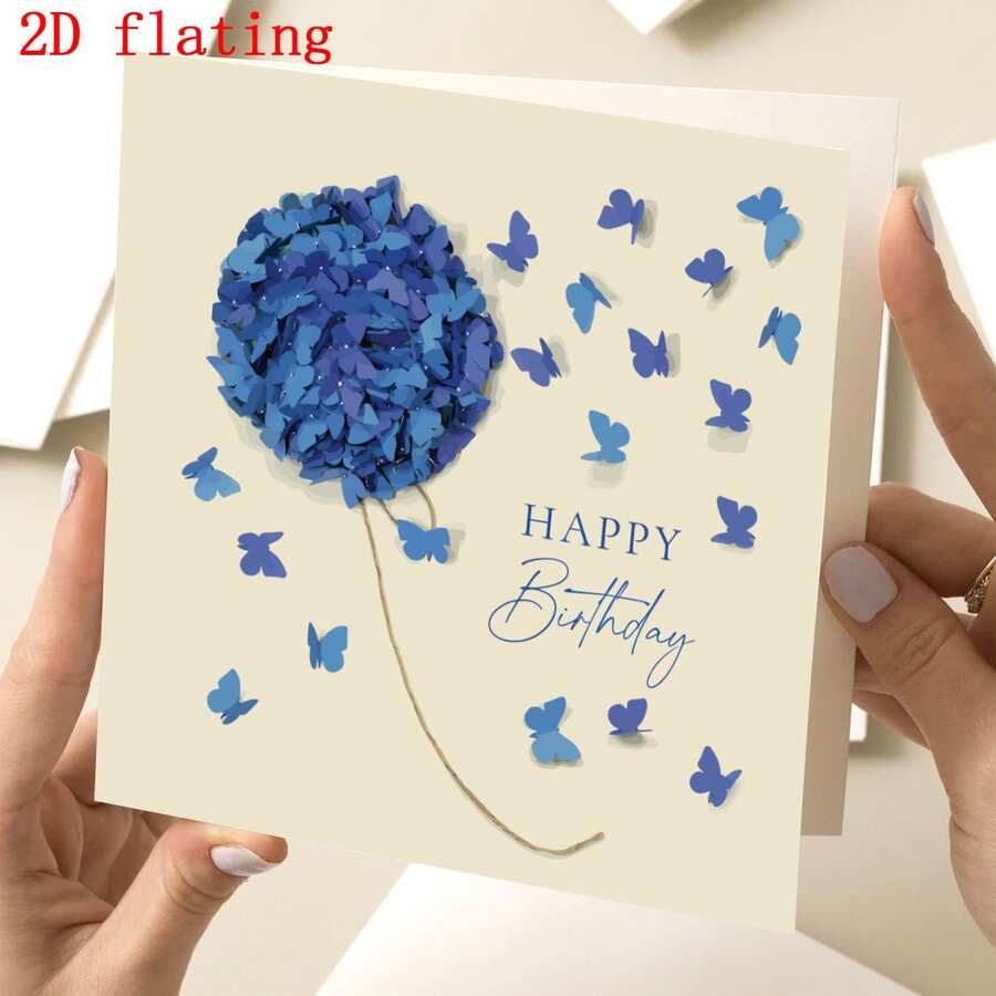 Blue Hydrangea & Butterfly Birthday Card (Non-3D), With Envelope, Christmas