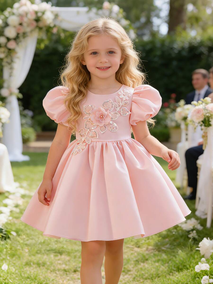 Girls Princess Dress, 3D Embroidered Petal Sleeve Dress, Flower Girl Wedding Party Dress, Baby Pink Birthday Evening Gown, Satin Knee-Length Dress