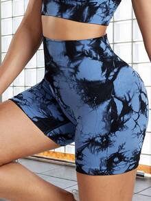 女士高腰无缝抽绳染色瑜伽短裤，修身提拉短裤，适合日常锻炼运动 - 藏蓝色 - 查看 6