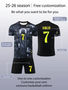 2pcs Set Fully Allover Print Black God Master Burning Flower Boys' Football Suit, Customized Name & Number Jersey, #7 Print Sports Player, Short Sleeve Shorts Set, Suitable For Boys Girls, Custom Football Kit 2026, Personalized Gift - Black - View 4