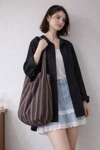 BOLSO TOTE RAYADO MARRON GRANDE DE TELA 70CM - Azul - Ver 1