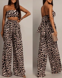 Women's Leopard Print Strapless Crop Top & High Waist Wide Leg Pants 2 Piece Outfit - 卡其色 - 查看 1