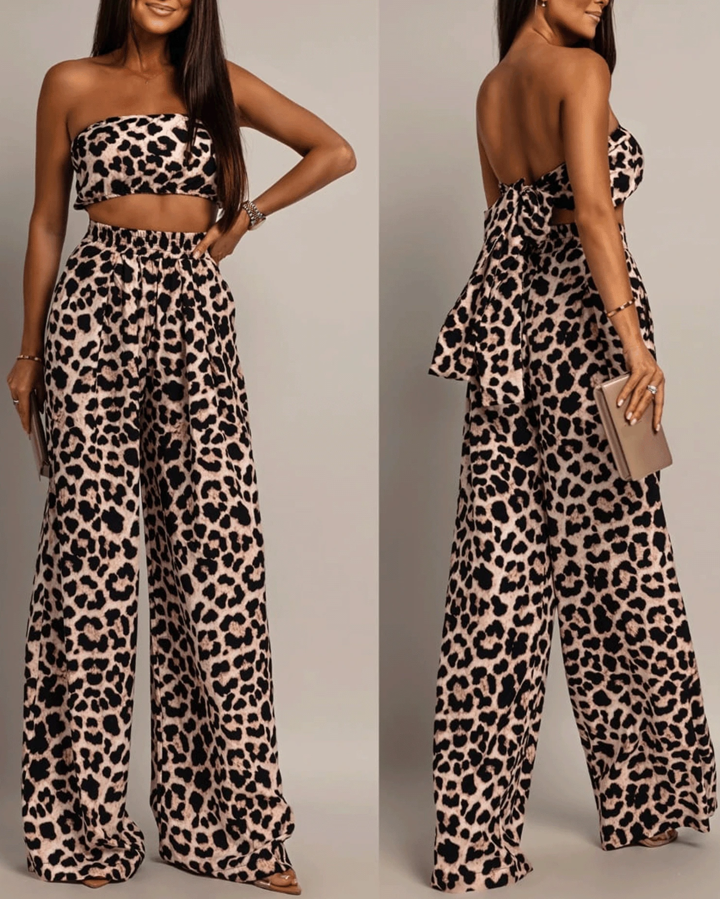 Women's Leopard Print Strapless Crop Top & High Waist Wide Leg Pants 2 Piece Outfit - 卡其色 - 查看 1