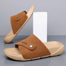 Stylish Men's Open-Toe Slides With Dual-Strap Design And Textured Sole For Secure Fit In Home Or Lounge Settings - Brown - View 4
