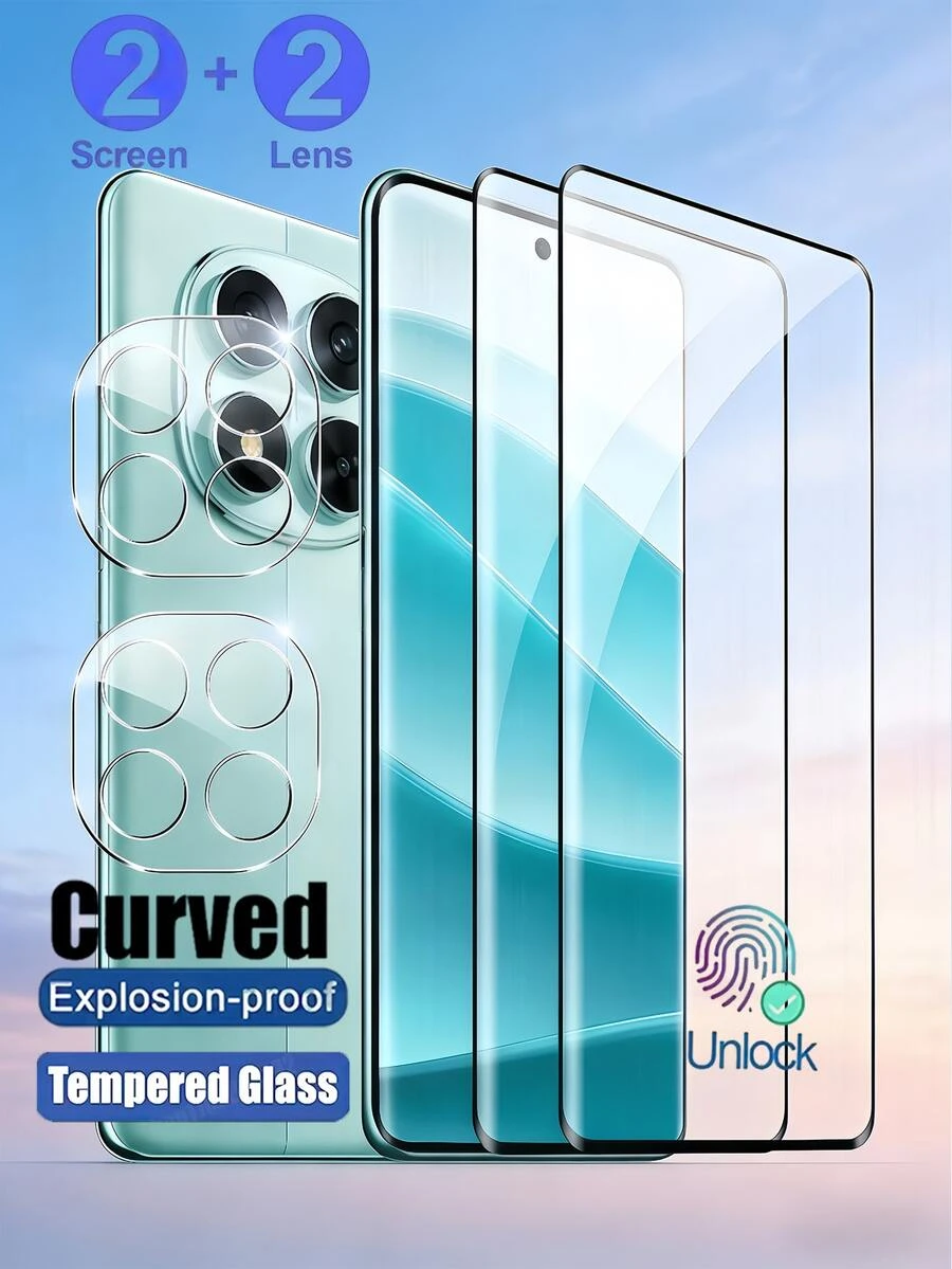 Bộ 4 trong 1: 2 miếng dán màn hình cường lực cong 3D + 2 miếng dán bảo vệ ống kính 3D tích hợp, độ cứng 9H, phù hợp với Note 15 14 Pro 13 Pro+ X7/Honor Magic 7/6/5 Lite Pro X9A X9B X9C X9D/ Galaxy S26 S25 S24 Ultra, chống nổ, chống trầy xước, bền bỉ, hỗ trợ nhận diện vân tay, bảo vệ màn hình điện thoại, bảo vệ ống kính.