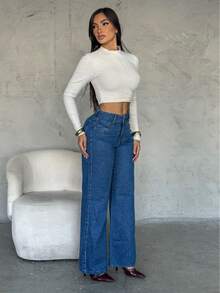 Women's Wide Leg Dark High Waist Jeans (No Lycra) 100% Cotton - 寬廣清晰 - 查看 3