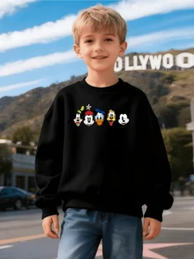 Cute Boy's Clothing, Featuring A Double-Sided Printed Design Of Cartoon Characters From Disneyland, And A Stylish Round Neck Sweatshirt. Comfortable And Loose, Elastic And Breathable, Machine Washable. Versatile Top, Suitable For - 黑色 - 查看 2