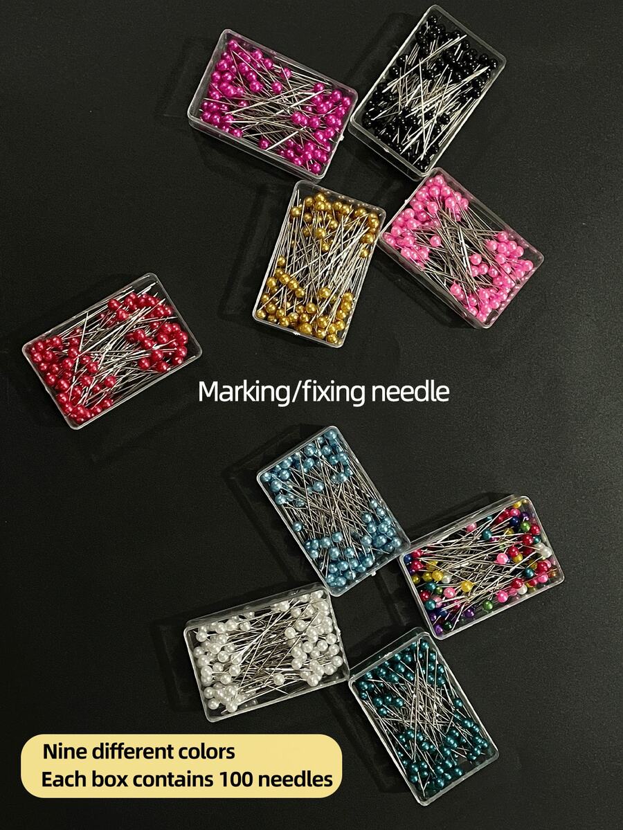 [100pcs] Jarum Kepala Mutiara Aneka Warna, Tersedia 9 Warna, Cocok Untuk Memposisikan Jahitan, Membuat Pola Pakaian, Memperbaiki Patchwork, Menandai Bordir, Alat Perbaikan Jahitan Buatan Tangan - Kemasan kotak jarum mutiara - View 1