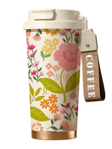 1pc/18oz Floral Insulated Coffee Mug With Handle, 24hrs Ice/12hrs Hot Leak-Proof Thermal Tumbler, Cream Color Travel Cup Suitable For Office, Commute And Outdoor Picnic, Great Gift For Women, Ladies And Students - Multicolor - View 11