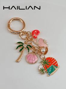 HAILIAN 这款合金包饰以海洋和海滩为主题，饰有栖息在椰子树上的变色龙、镶嵌珍珠的贝壳和海螺，以及旅行主题标签，宛如一座热带岛屿点缀在包包上。它可以作为包饰、车钥匙扣，或作为小礼物或旅行纪念品赠送给家人和朋友。 - 彩色 - 查看 3