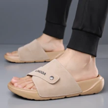 Stylish Men's Open-Toe Slides With Dual-Strap Design And Textured Sole For Secure Fit In Home Or Lounge Settings - Apricot - View 6