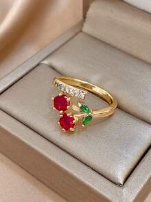 1pc Cherry Adjustable Ring, Gift For Girls, Moms, Teachers, Essential For Boho Summer Beach Travel Party, Suitable For Carnival/Ball/Party/Daily Wear, Golden Jewelry, Back To School Gift, Birthday Gift - Multicolor - View 2
