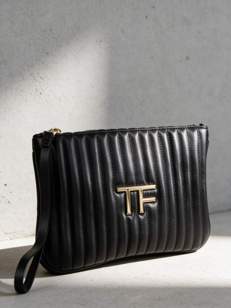 Tom Ford Black Material Cosmetic Bag. Makeup Pouch With Elegant Long Wrist Strap. Refined Striped Storage Bag. Customizable. - Black - View 10