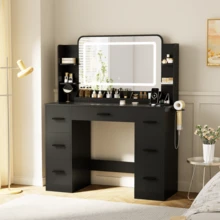 Vanity Desk With Lights, Large LED Mirror With 3 Color Modes, Makeup Vanity With Power Outlet & USB Ports, 7 Drawers - 黑色 - 查看 7