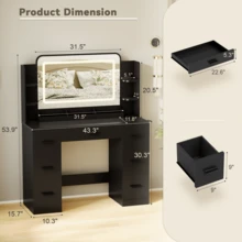 Vanity Desk With Lights, Large LED Mirror With 3 Color Modes, Makeup Vanity With Power Outlet & USB Ports, 7 Drawers - 黑色 - 查看 2
